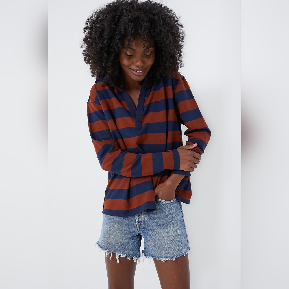Tuckernuck Pomander Place Brown Navy Stripe Ellis Knit Polo Popover Women's L